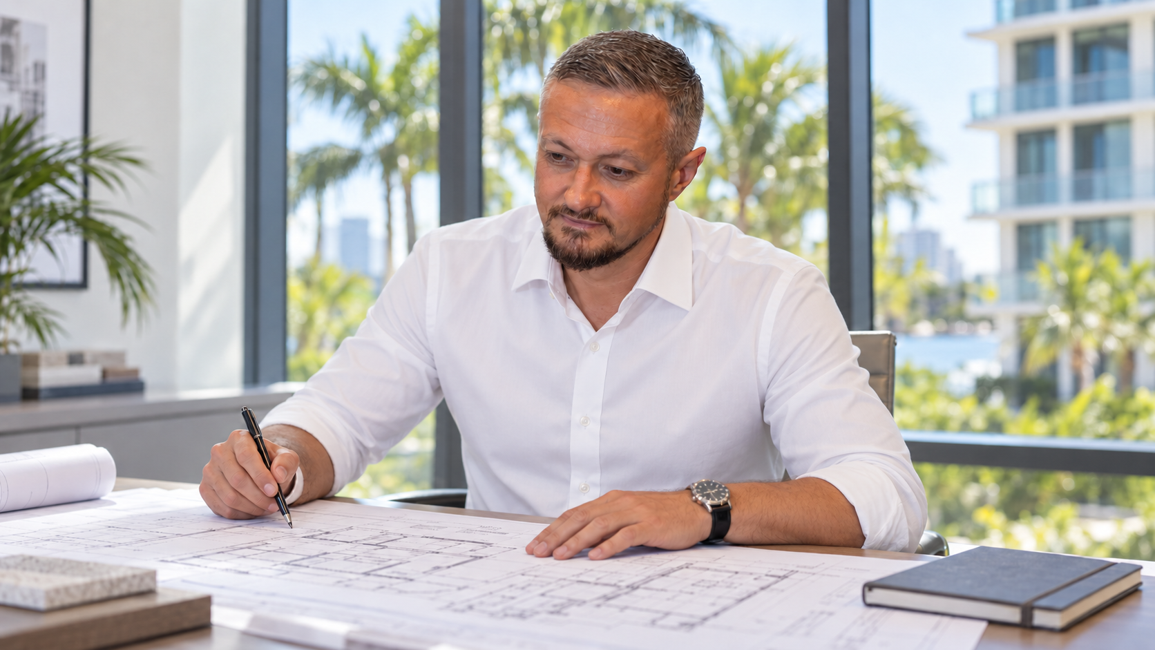Oleg Izotov reviewing construction plans, AI-generated illustration